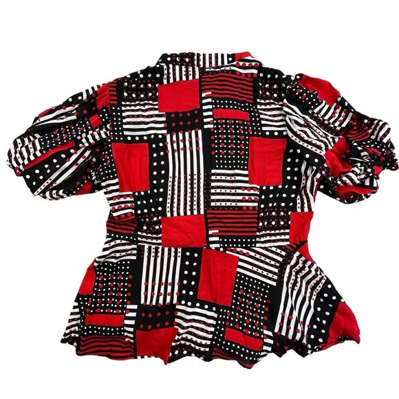 NY&C Peplum Waist Blouse Size XL Red Black Geometric Neck Bow Balloon Sleeve NEW - Picture 9 of 12
